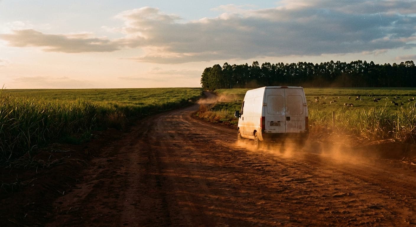 Van de carga levantando poeira numa estrada de terra ao fim da tarde, entre canaviais e pasto, no interior de São Paulo.